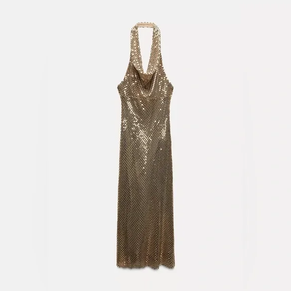 Zara Elegant Gold Sequin Gown halter plunge neck maxi bodycon evening dress - Picture 8 of 10